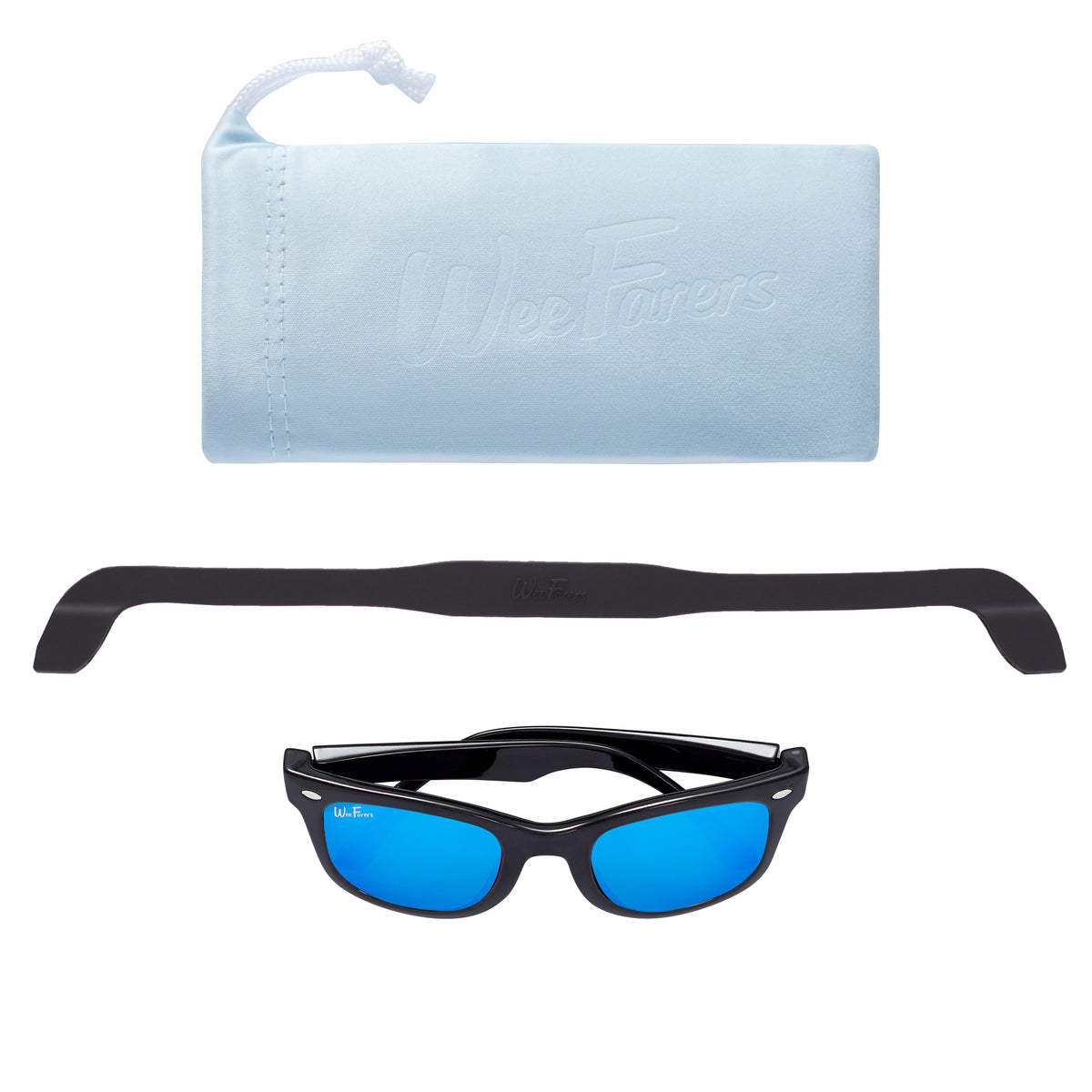 Polarized WeeFarers Baby Sunglasses Black and Ocean Blue with strap and pouch 