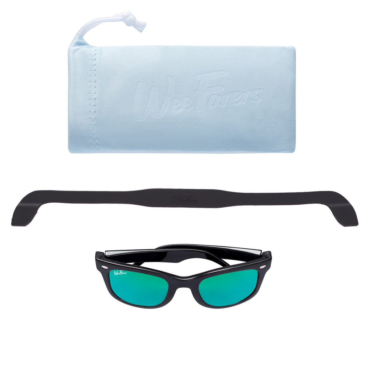 Polarized WeeFarers Baby Sunglasses Black and Sea Green with strap and pouch 