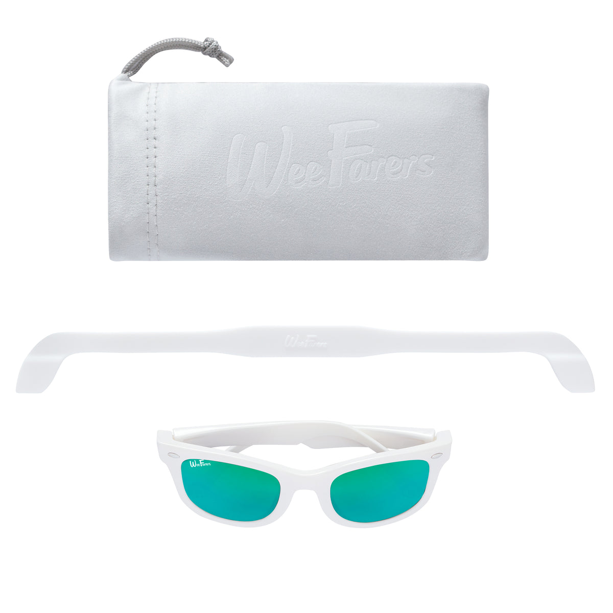Polarized WeeFarers Baby Sunglasses White and Sea Green with strap and pouch