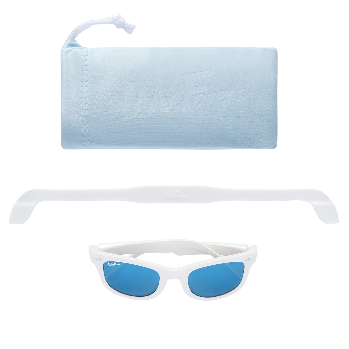 Polarized WeeFarers Baby Sunglasses White and Sky Blue with strap and pouch